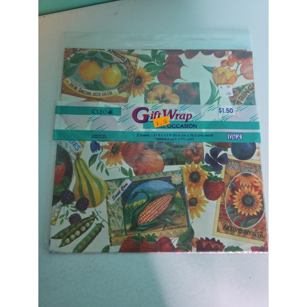 Vintage Cleo Gift Wrap Wrapping Paper Garden Seeds Sunflowers Fruits Vegetables